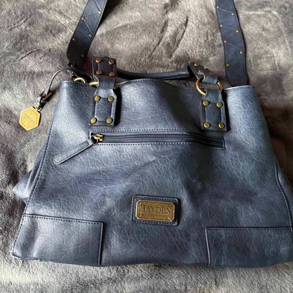 Hayden Blue Leather Shoulder Bag with Brass Accents